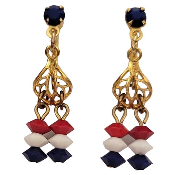 Gold Tone Patriotic Red White Blue Glass Bead Dangle Clip-On Earrings E252 - Picture 2 of 6